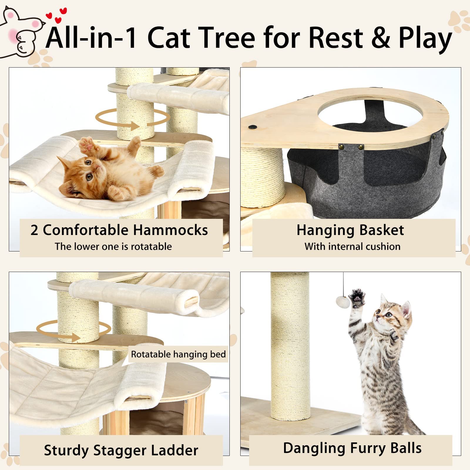 Tangkula Large Cat Tree, Multi-Level Tall Cat Tower With Sisal Scratching Posts, Hammocks, Hanging Basket, Cat Condo And Removab